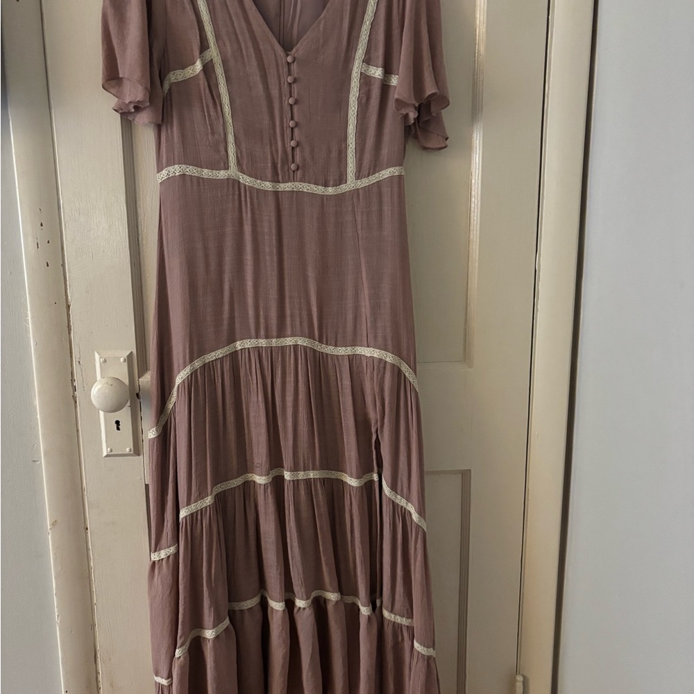 Joyfolie Dusty Pink Maxi Dress with Lace Trim